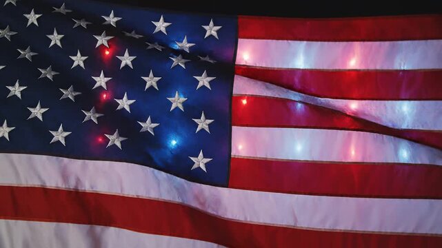 4K video American flag waving with colorful lights