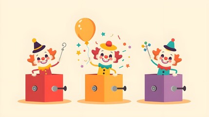 Illustration celebrating april fool's day featuring a classic jack in the box with a clown popping out against a bright blue background with sunburst and confetti elements for festive fun