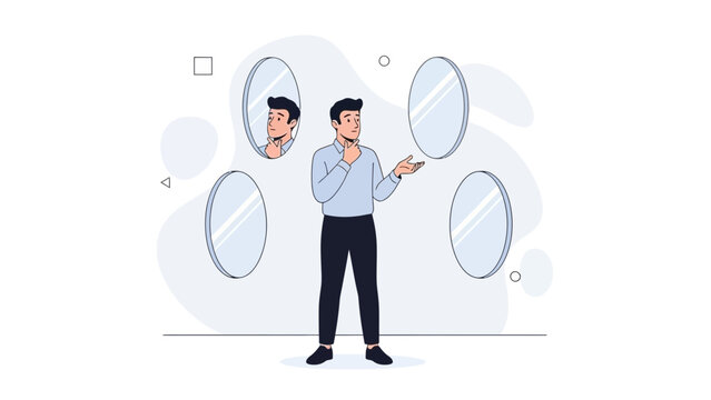 Man Reflecting in Multiple Mirrors, Identity Crisis, Decision Making, Self Reflection