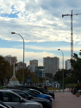 Avenida Juan Carlos I, 15, 03710 Calpe, Alicante, Spain.
traffic in the city center, signs. banners with the name of the city. City in Spain .