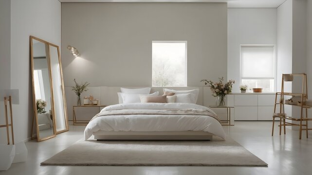 Dormitorio minimalista en tonos neutros con cama baja, espejo de pie y luz natural suave