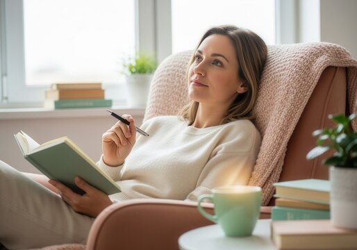 Thoughtful woman writing in a journal in a cozy armchair. Relaxed female student planning with notebook and coffee at home