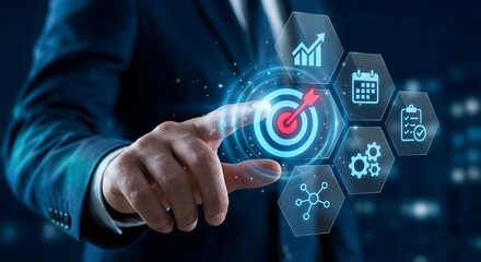 Fototapeta premium Person touching glowing digital icons representing business goals, strategy, and success in a modern office.