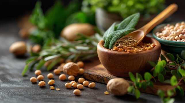 Vegan lifestyle support concept, defocused protein-rich plants background, choosing legumes iron-packed foods, ensuring adequate vitamin intake, plant-based nutrition, with copy