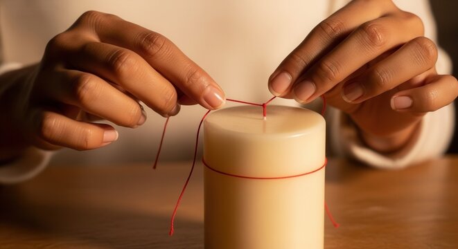Close up of woman hands tying a red string around a white candle. Magic love spell ritual or craft concept. Red thread of fate symbolism