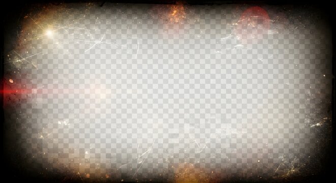 Vintage distressed scratched old photo light leaks, film grain, dust and scratches texture overlay with vignette border. Dirty grunge analog 8k widescreen retro effect background with copy space