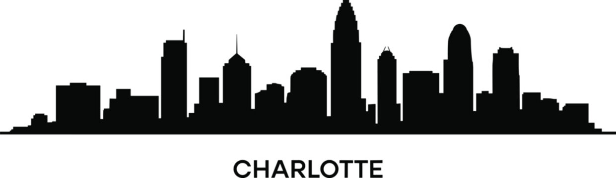 Charlotte skyline silhouette with modern downtown skyscrapers and urban cityscape panorama isolated on white background, architectural outline illustration for travel, and design use.