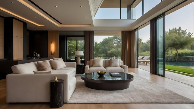 Sal&oacute;n de villa moderna con doble altura y grandes ventanales hacia jard&iacute;n