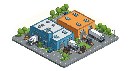 Obraz premium Isometric illustration of a warehouse complex with trucks and workers on a gray road with green trees