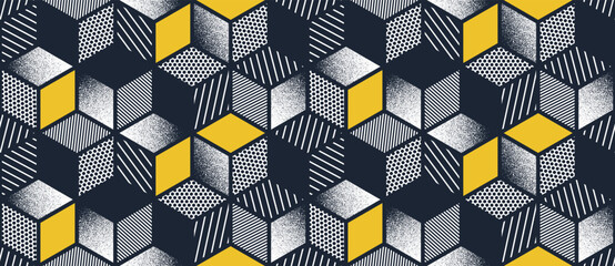 Cubes seamless pattern, vector 3D isometric blocks with textures tiling wallpaper, optical trippy endless abstract background.