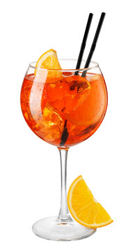 Cold aperol spritz cocktail in glass with straw and slice of orange