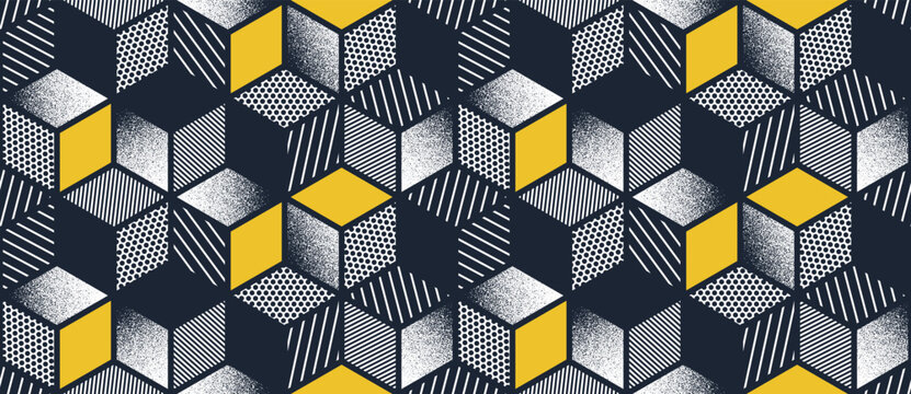 Cubes seamless pattern, vector 3D isometric blocks with textures tiling wallpaper, optical trippy endless abstract background.