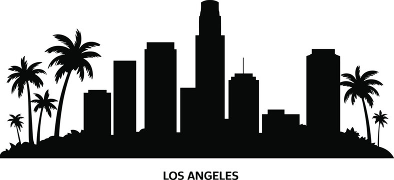 Los Angeles skyline silhouette with palm trees and modern skyscrapers isolated on white background, California downtown cityscape vector illustration with typography, travel tourism design concept.