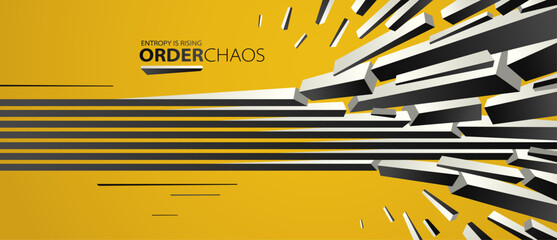 Debris particles exploding in chaos vector abstract background, entropy is rising to decay and disorder, elements flying in motion, 3D wallpaper.