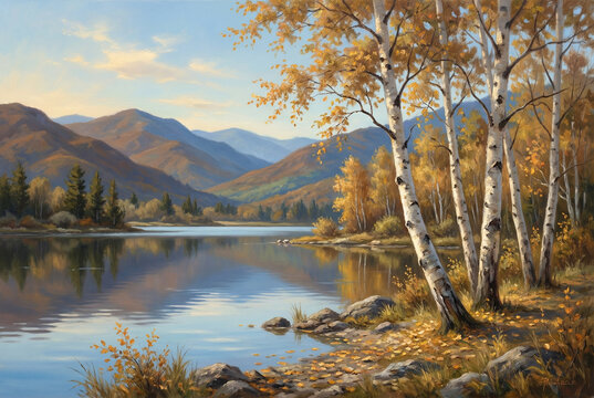 Autumn Birch Trees by a Calm Mountain Lake with Golden Reflection and Tranquil Landscape.