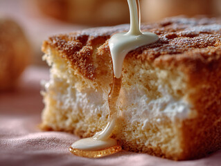 Sweet caramel sauce pouring over a fluffy sponge cake
