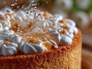 Sweet caramel sauce pouring over a fluffy sponge cake