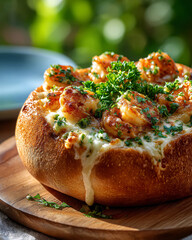 Round bread bowl filled with melted cheese, juicy shrimp and fresh herbs