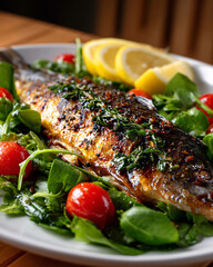 Grilled sea bass on a bed of greens, garnished with lemon and cherry tomatoes
