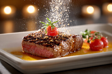 French teppanyaki, steak, melted butter, black pepper, cherry tomato garnish