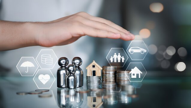 Financial family planning concept with coins, wooden figures, and insurance icons under protective hand, symbolizing budgeting, future savings, financial security, and protection of health and assets.