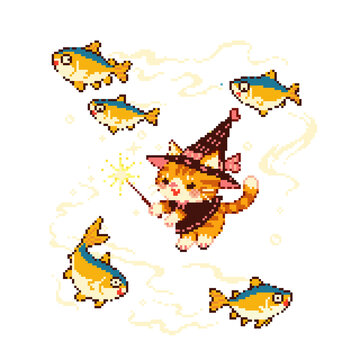 Cute Cat Witch Summoning Tuna Fish Magic Pixel Art Character Isolated.