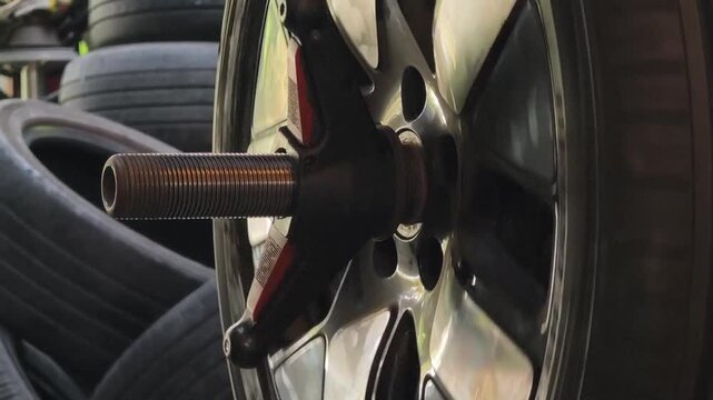 Mechanic changing car tire on red tire changer