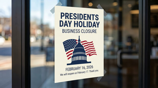 Presidents Day holiday business closure sign taped to glass shop door noticing customers about closed store with respectful patriotic design featuring capitol building and american flag