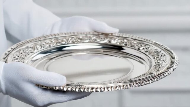 Butler's hands wearing white gloves holding an ornate silver platter