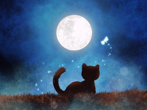 The silhouette of a kitten chasing a glowing insect in flight, across the grass under the bright moonlight.