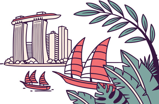 Singapore City Skyline Illustration. Marina Bay Sands Landmark Design. Singapore Urban Cityscape View. Iconic Singapore Skyline Concept. Singapore Travel Destination Illustration. Modern Singapore