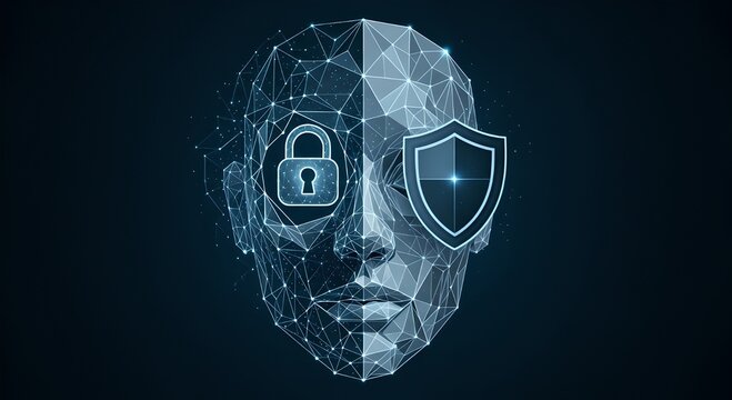 Digital identity concept illustrating robust cybersecurity measures, data privacy, and advanced protection through interconnected technological frameworks and biometric authentication systems