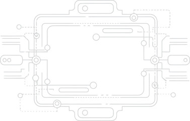 Futuristic circuit board illustration with electronic components, technology, and machinery in a technical diagram, viewed from above, showcasing intricate design and engineering