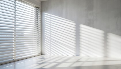Fototapeta premium Sunlight streams through white blinds, casting shadows on a gray wall and polished floor in a serene interior space viewed from a corner.