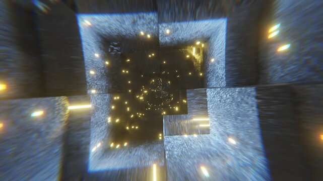 3D animation of endless flight through futuristic metal corridor. Seamless hyperspace tunnel loop for VR experiences, gaming backgrounds, and music festival visuals. 4K resolution.