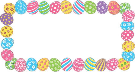 Colorful Easter eggs arranged in a decorative border frame on a clean white background