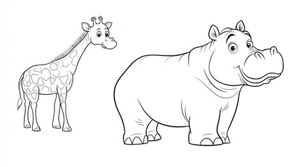 Cartoon Giraffe and Hippo, Outline Illustrations, Educational, Coloring, Printable, Educational Resources