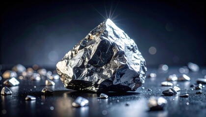 Fototapeta premium Large metallic silver mineral ore rock with sharp crystalline edges glowing under a focused light against a dark bokeh background