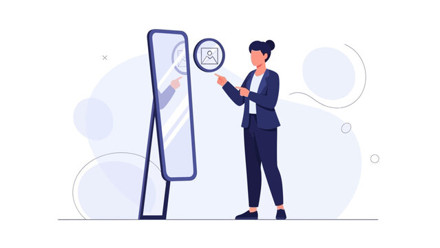 Woman assessing her professional image in a full-length mirror, self-reflection concept.