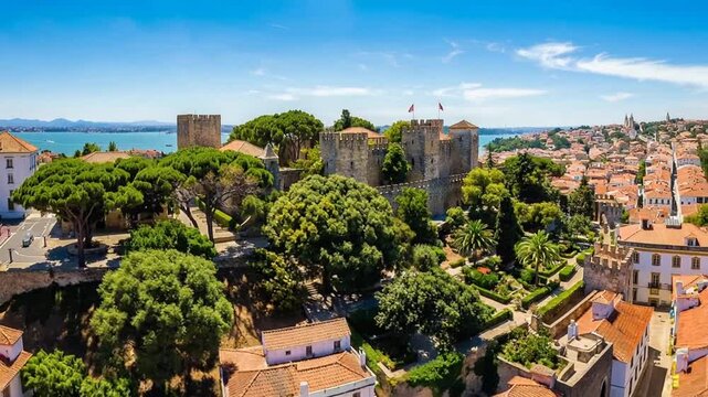 cinematic drone orbit showing the stone walls and towers of castelo de s&atilde;o jorge lisbon video