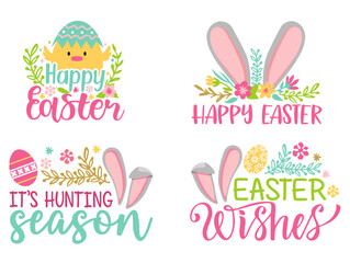 Easter phrases. Text greeting card templates with Easter eggs, bunny ears and spring flowers isolated on white background. Set of hand drawn lettering. Happy Easter lettering modern calligraphy style