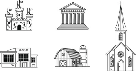 Fototapeta premium Vector black outline icons of a medieval castle, ancient temple, modern museum, rustic barn, and classic church, isolated on a white background.