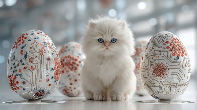 Easter egg kitten cat pet technology circuit pattern concept with fluffy white feline among decorated eggs in bright studio hinting future holiday design and gentle curiosity
