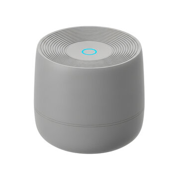 A sleek gray smart speaker with a concentric circle design and blue power button on top, isolated on white background