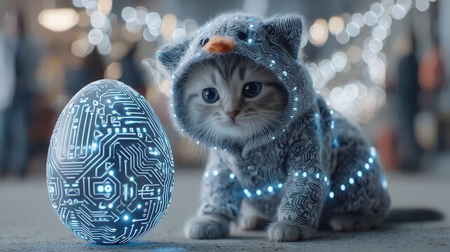 Kitten cat pet easter egg futuristic technology circuit glow beside hooded costume on street bokeh light hinting future holiday wonder and playful curiosity