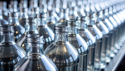 Rows of empty metal bottles on a factory production line viewed from a low angle