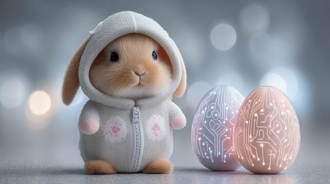 Rabbit easter egg hoodie cute pet technology future scene with fluffy bunny in soft costume beside glowing circuit egg on gray bokeh background calm wonder and whimsy