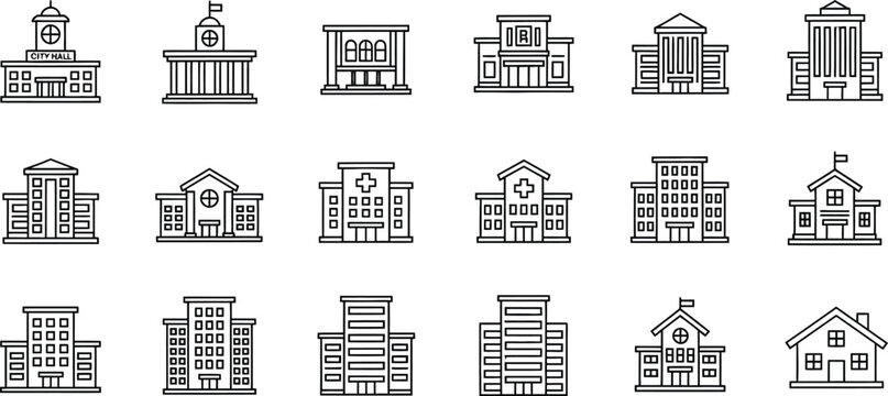 Vector line art icons of various public and private buildings including schools, hospitals, and offices, isolated on a transparent background for UI design.