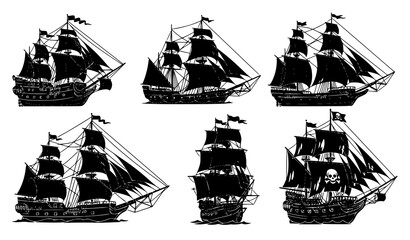 Historical sailing ship silhouettes vector set isolated transparent © ema