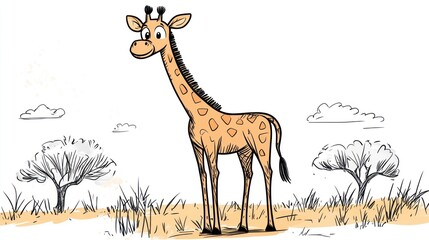 Cartoon giraffe in African savanna landscape. Possible stock photo use